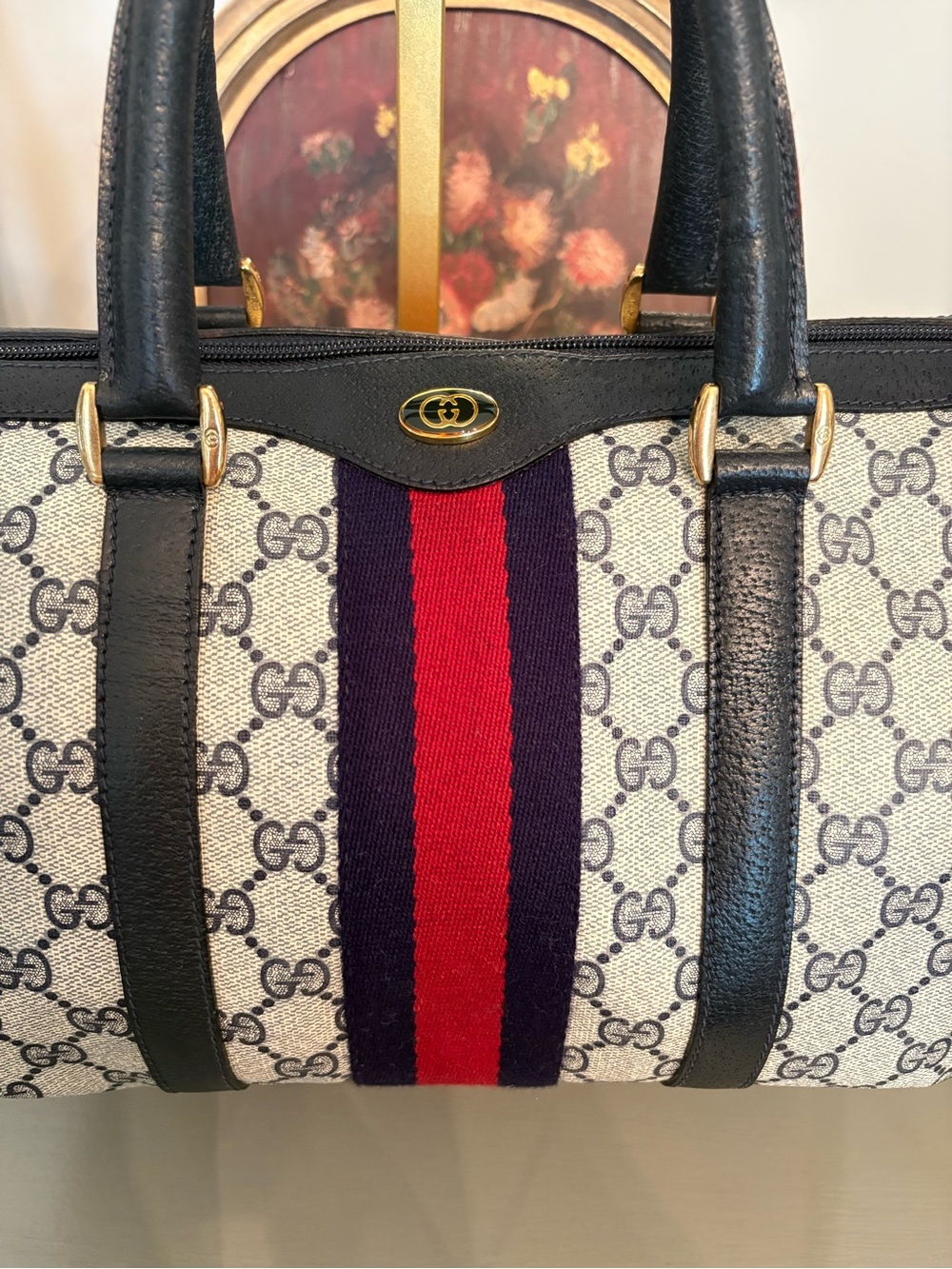 Gucci Vintage GG Supreme Mono Boston Bag-Navy/Red Web Stripe - Picture 4 of 16